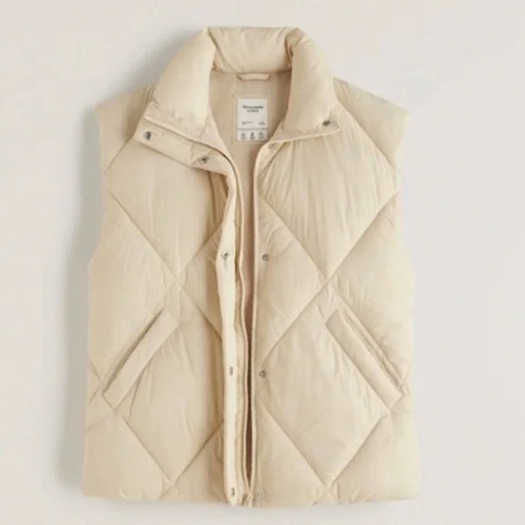 Abercrombie & Fitch Small Medium Beige Cream Faux Leather Vest quilted Oversized - Picture 1 of 10